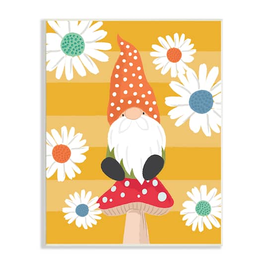 Stupell Industries Mushroom Garden Gnome White Daisies Yellow Stripes Wall Plaque